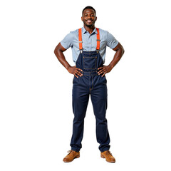Fototapeta premium Confident African American Man in Blue Overalls and Shirt Posing Against transparent background in Studio Setting, Projecting Strength and Attitude
