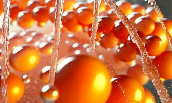 Close-up of vibrant orange bubbles suspended in liquid, capturing dynamic movement and light