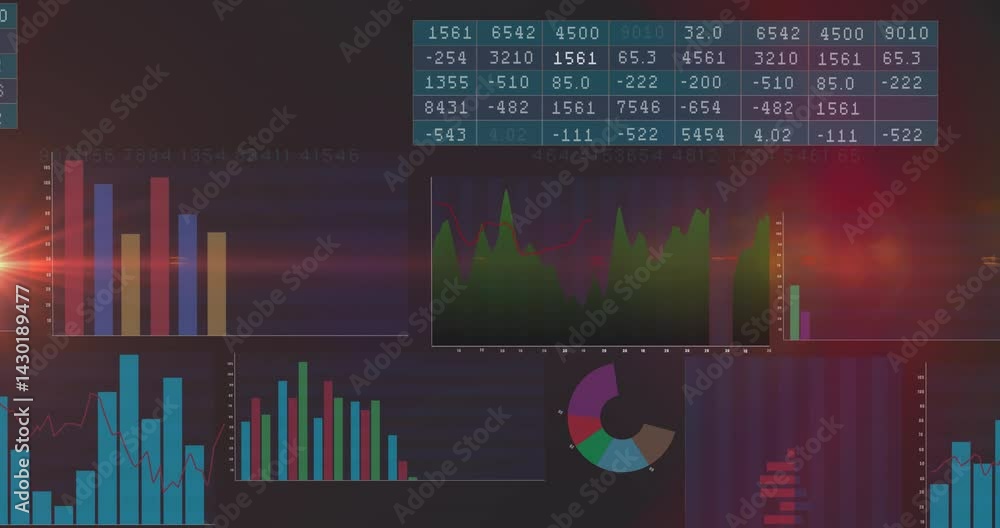 Poster dark themed dashboard presenting data visualizations with numeric table, charts and red lens?flare
