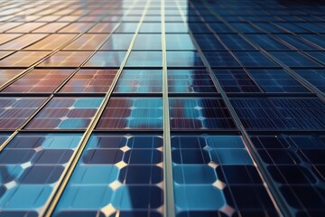 Solar panels reflecting sunlight on a modern building facade in a vibrant city environment