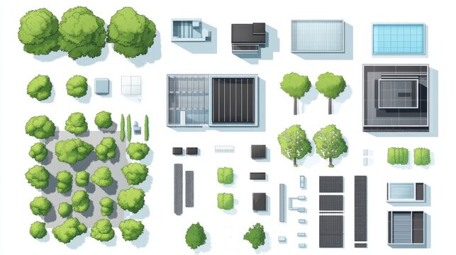 Set of elements top view for landscape design. Buildings and trees for map of city. Collection, kit of objects. House, factory, skyscraper, hotel, manufacturing. Isolated vector element from above.