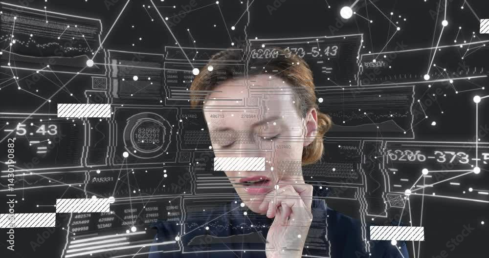 Poster woman analyzing digital data in tech interface, with charts numeric codes network nodes