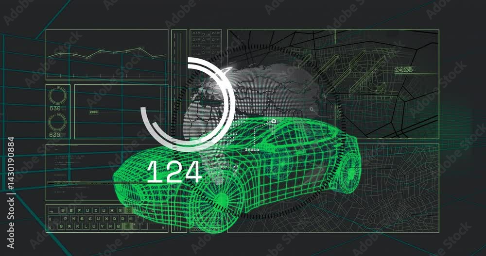 Poster 3d-rendered dashboard interface showing green wireframe car rotating on grid, featuring ui panels