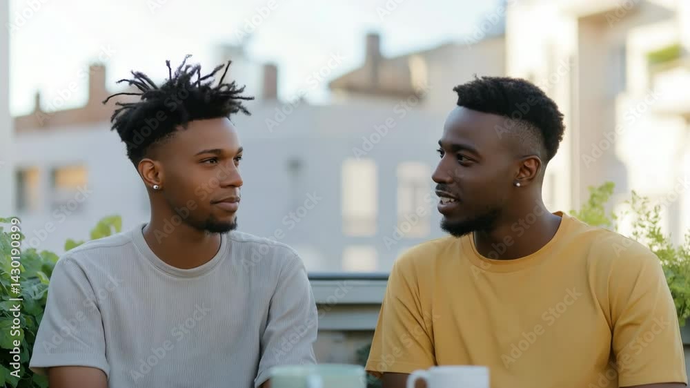 Aufkleber two men are sitting at a table with cups in front of them, smiling and laughing. scene is happy and 