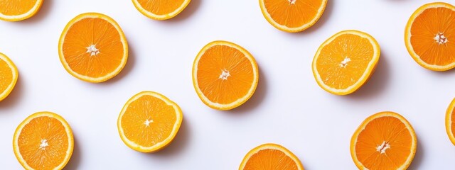 A flat lay of fresh orange slices arranged on a white background.