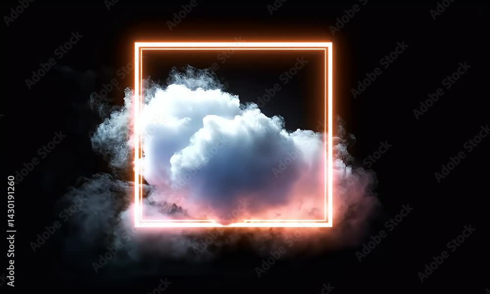 Poster 3d render of a cloud with a neon light square frame on a dark background, a glowing abstract geometr