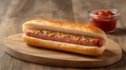 A hot dog with ketchup, mustard, onions, and relish on a wooden board.