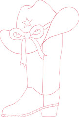 Girly Cowgirl Hat Coquette Boots Bow Valentine Outline Illustration