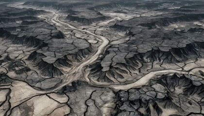 Aerial View of Arid Cracked Landscape with Riverbeds Winding Through