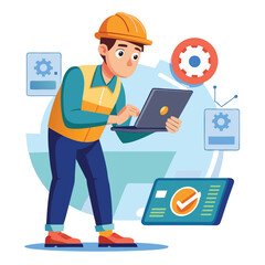 male engineer checks the program and discovers an error. Hand drawn style vector design illustrations.