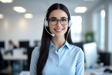 Obraz premium call center operator, smiling representative with headset on, business team working together in office 