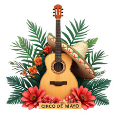 Cinco de Mayo celebration with guitar, sombrero, and floral decorations. Festive digital art for holiday designs, posters, and event promotions. Isolated on transparent background.