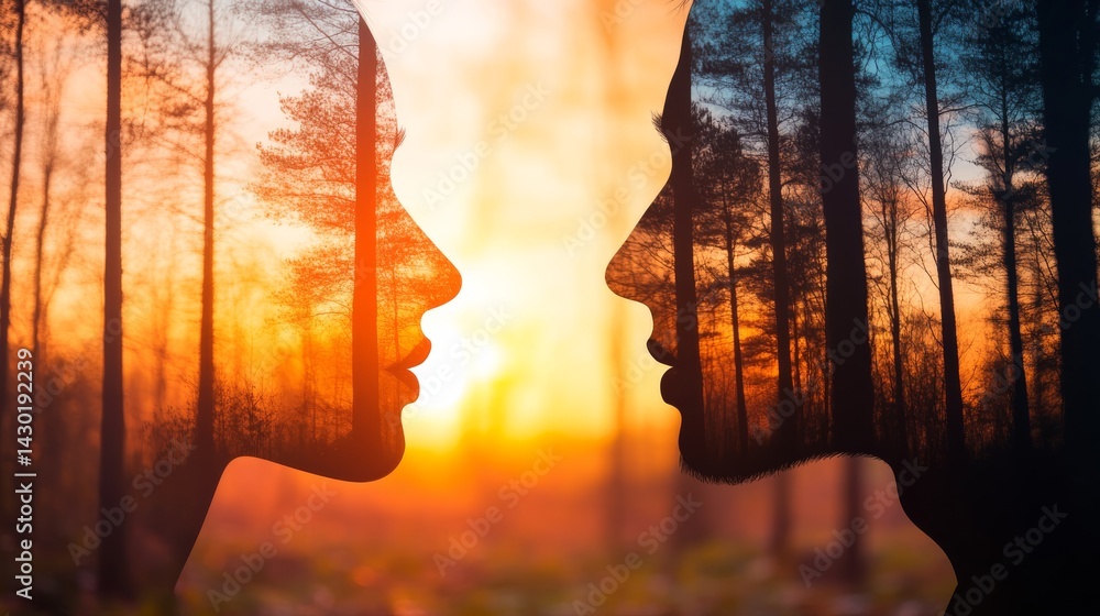 Aufkleber close-up view of a woman's face merging with a man's face, surrounded by a peaceful forest, showcasi