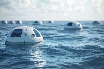 Floating autonomous robots monitoring ocean health in a serene marine environment
