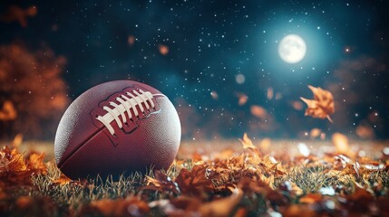A football rests on grass surrounded by autumn leaves under a bright moonlit sky.
