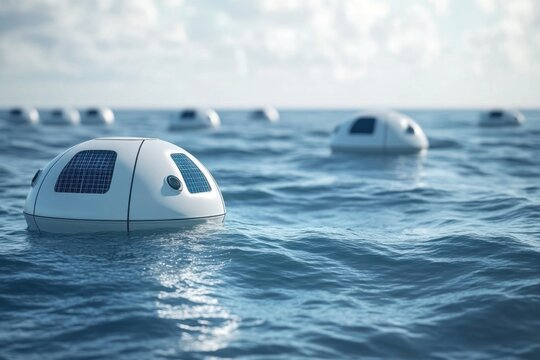 Floating autonomous robots monitoring ocean health in a serene marine environment