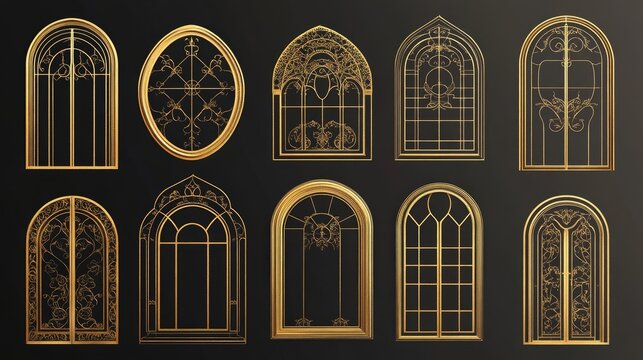 Set of gold borders and frames. Collection of linear style windows and doors. Minimalist arch design. Golden design element for project.