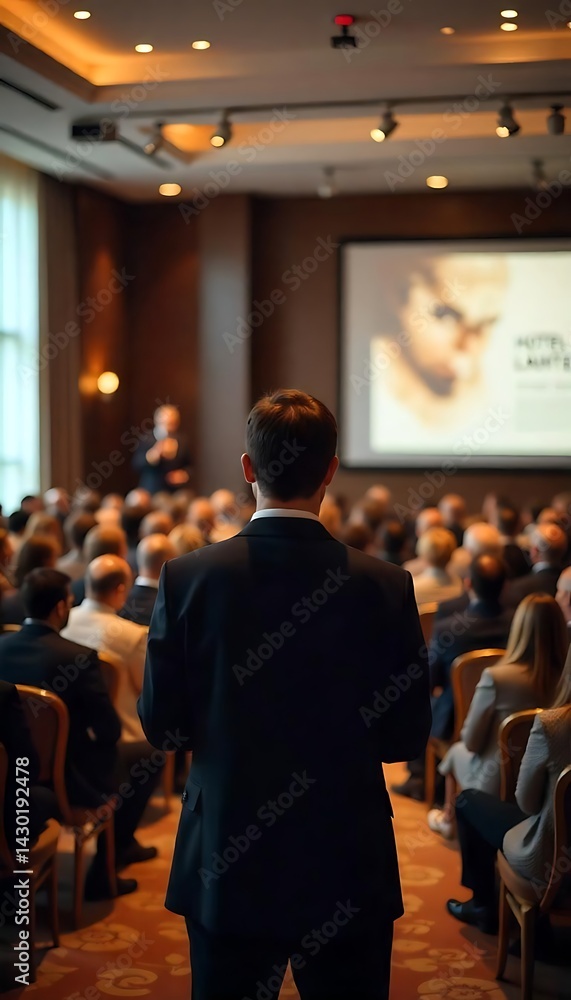 Aufkleber generative ai image depicting a speaker addressing a large audience at a conference