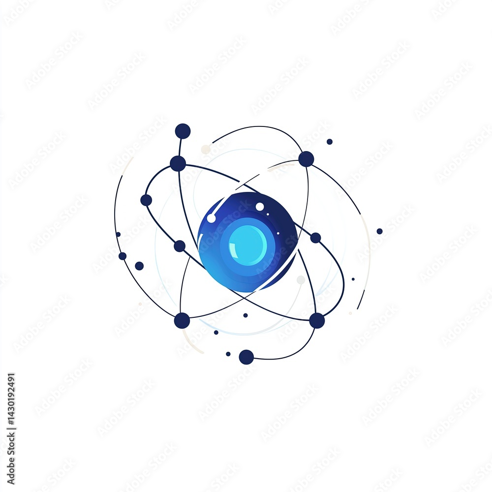 Poster glowing blue atom with dynamic particle trails, isolated on gradient dark background. modern scienti
