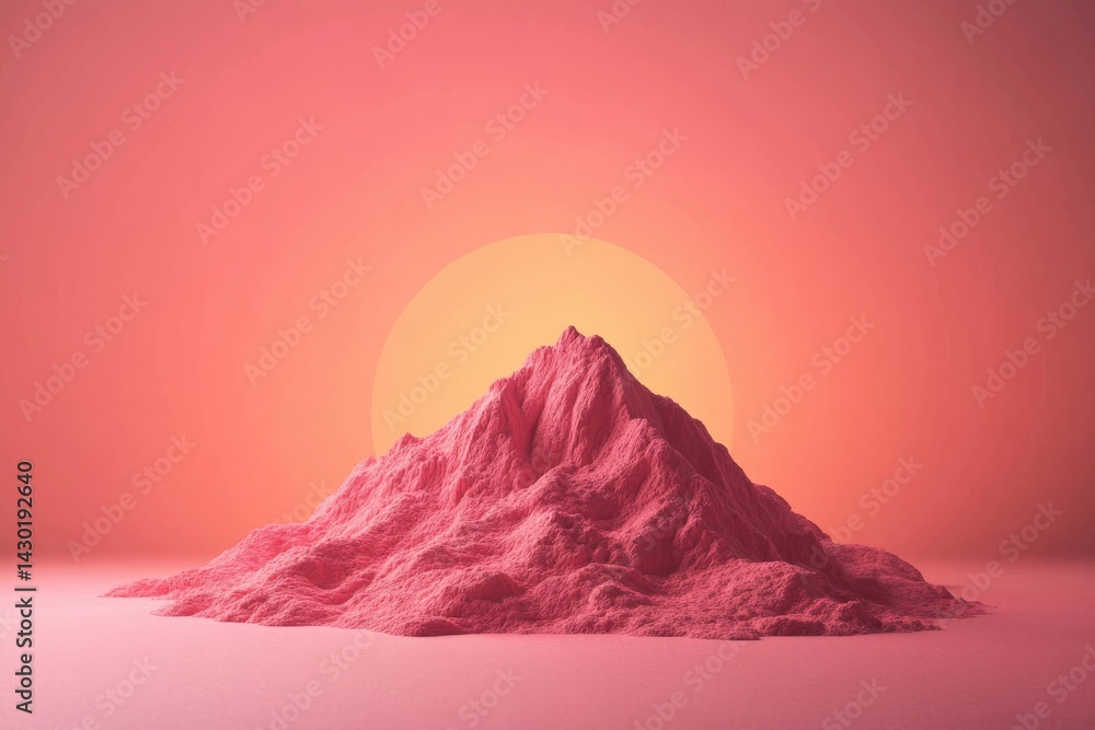 Poster Sharp peaks emerge from a soft pink base, contrasted by a golden circle above. The architecture of the landscape emphasizes modern design and bold shapes