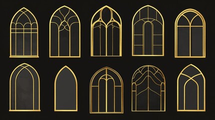 Fototapeta premium Set of gold borders and frames. Collection of linear style windows and doors. Minimalist arch design. Golden design element for project.