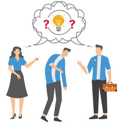 Business people stand with question mark and lightbulb symbolizing QA session to solve problem