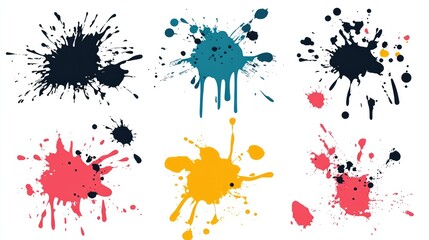 Set of grunge ink splatter. Splash of paints, spray drops, wet paint drop collection. Kit with design elements: splash and drip, silhouette blob spray. Vector illustration.