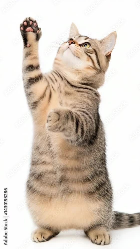 Poster a cat is standing on its hind legs and reaching up with its paw. the cat appears to be playing with 