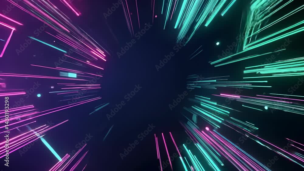 Poster neon copy and turquoise lights tracing circuitry patterns, converging toward central tech void with 
