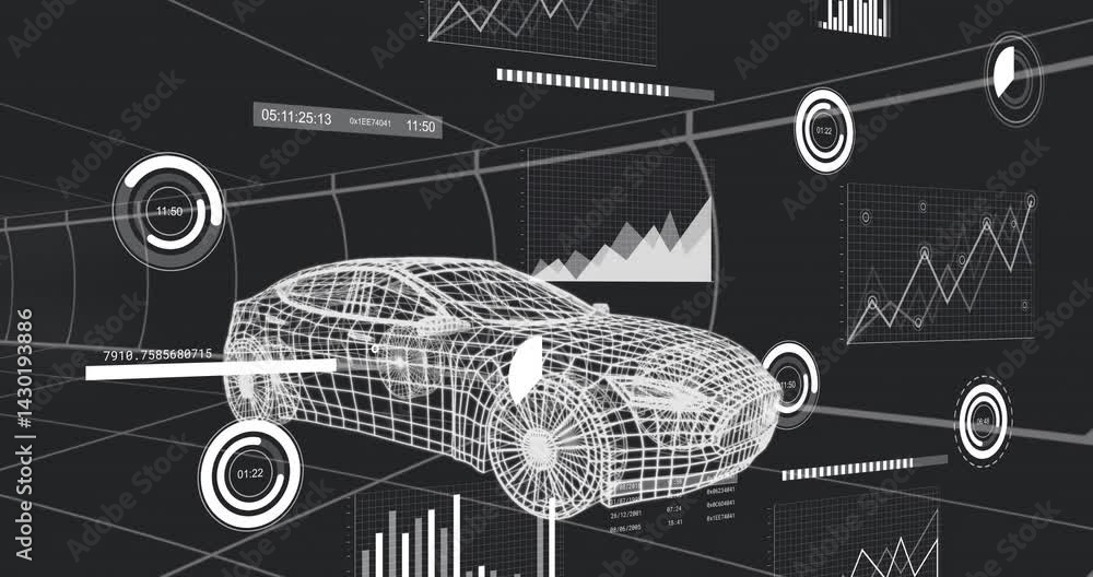 Poster 3d wireframe car model moving within grid studio displaying circular timers line graphs bar charts