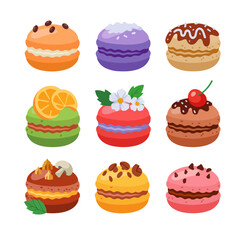 Colorful and cartoonish macarons, each with unique flavors and toppings.