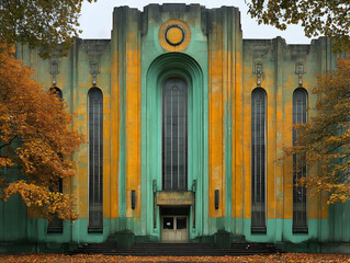 Art deco building with tall windows and autumn leaves falling around green  gold paint  textured surface