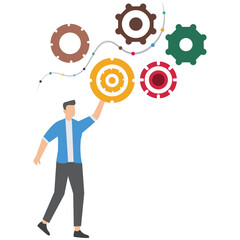 Businessman stand on interconnected gear cogwheel symbolizing process and workflow optimization