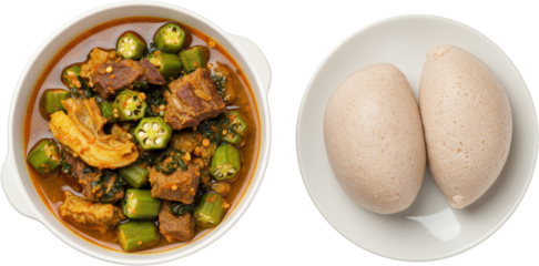 Delicious Okra Soup with Meat and Two Smooth Fufu on a Plate