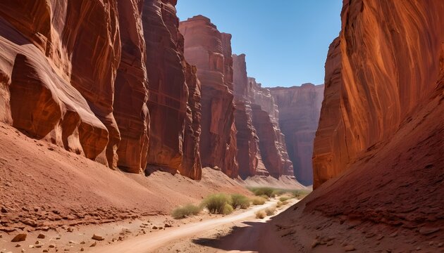 Scenic Red Rock Canyon View with Winding Path and Clear Sky - Powered by Adobe