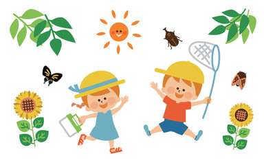 虫取り　夏休みの子供　イラスト素材