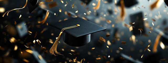 A graduation cap surrounded by confetti, symbolizing celebration and achievement.