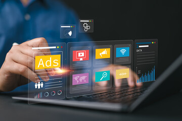 Online advertising concept Internet advertising digital marketing social media. Online sales...