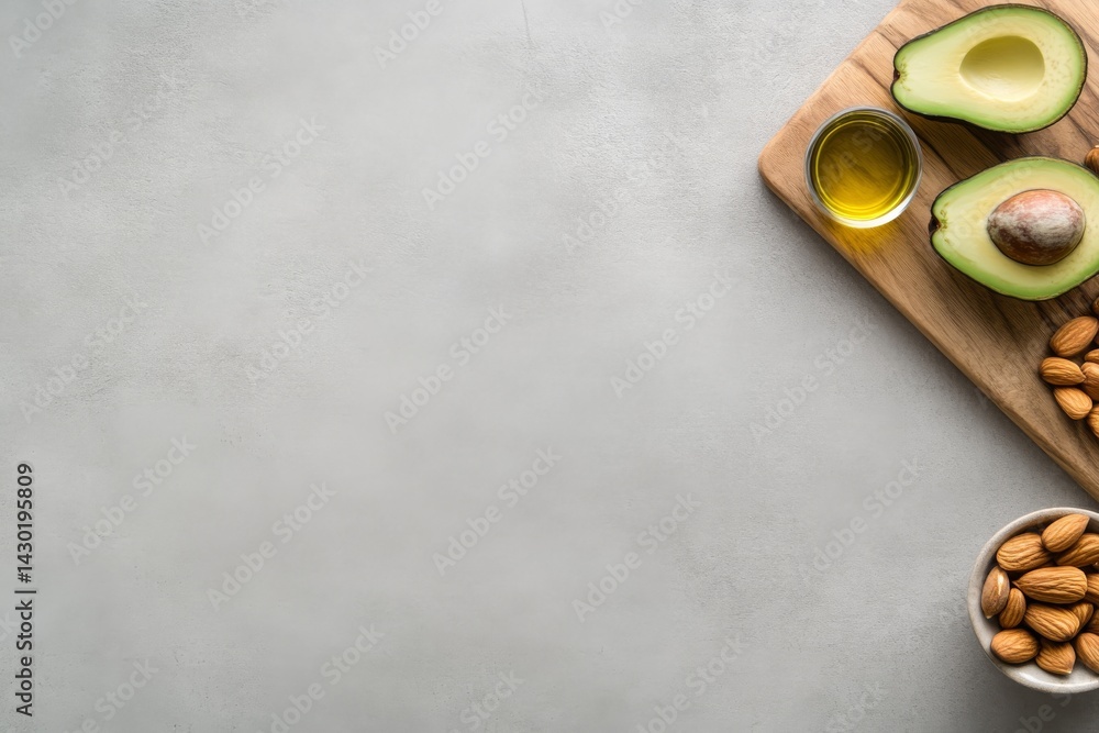 Poster top-down view showcases a sliced avocado alongside a bowl of nuts and olive oil, creating a stylish 