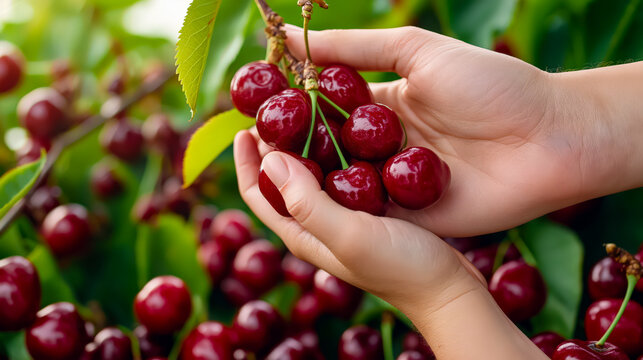 Hands picking ripe red cherries from a tree in a fruit orchard - Powered by Adobe