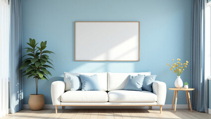 Serene Blue Modern Living Room with White Sofa and Minimalist Decor