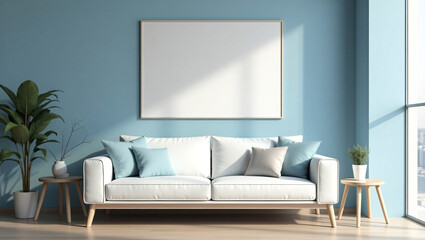 Serene Blue Modern Living Room with White Sofa and Minimalist Decor