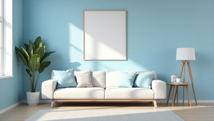 Fototapeta premium Serene Blue Modern Living Room with White Sofa and Minimalist Decor