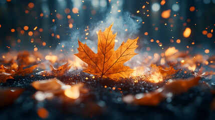 An amber leaf rests on a ground sparkling with tiny glowing embers with a hazy bokeh background