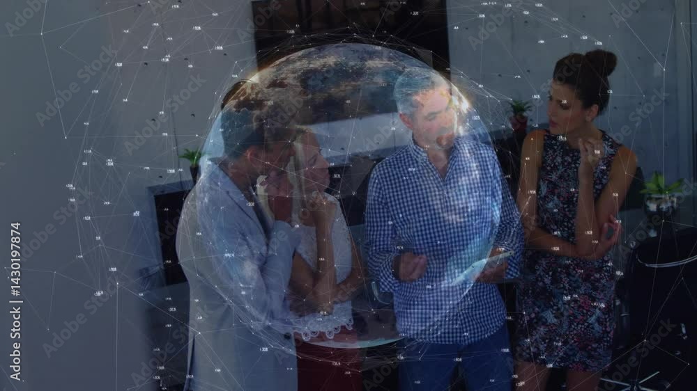 Poster business team exploring holographic globe with network lines, discussing data insights in office