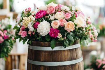 A vibrant arrangement of assorted roses and peonies in a rustic wooden barrel.