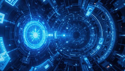 Fototapeta premium Futuristic Blue Digital Tunnel: A 3D Render of a Sci-Fi Spaceship Corridor