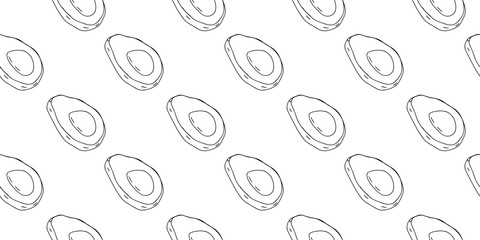 Repeated pattern of avocados illustrated in black and white on a clean background capturing minimalistic design trends