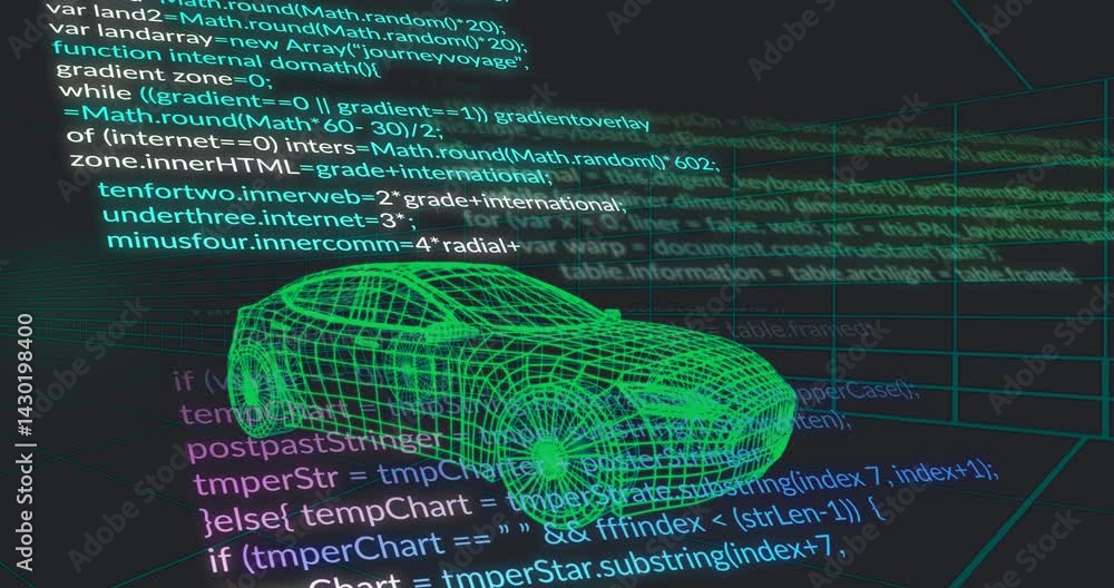 Aufkleber neon green wireframe car model being visualized in digital cad space, surrounded by floating code