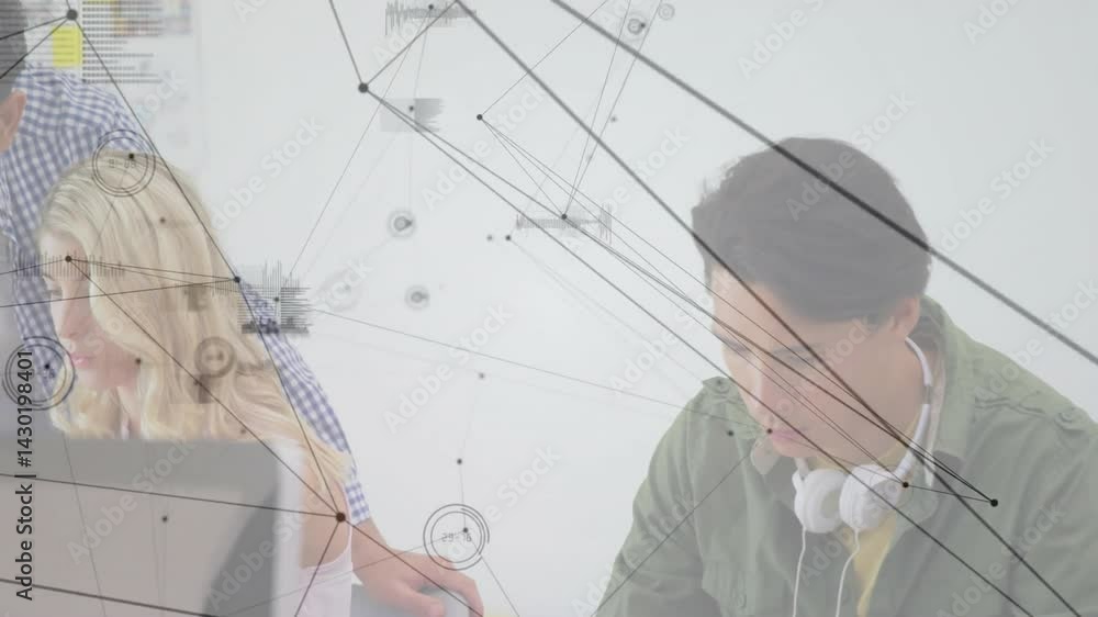 Aufkleber office workers collaborating at desk in bright workspace, overlaying business data charts and nodes